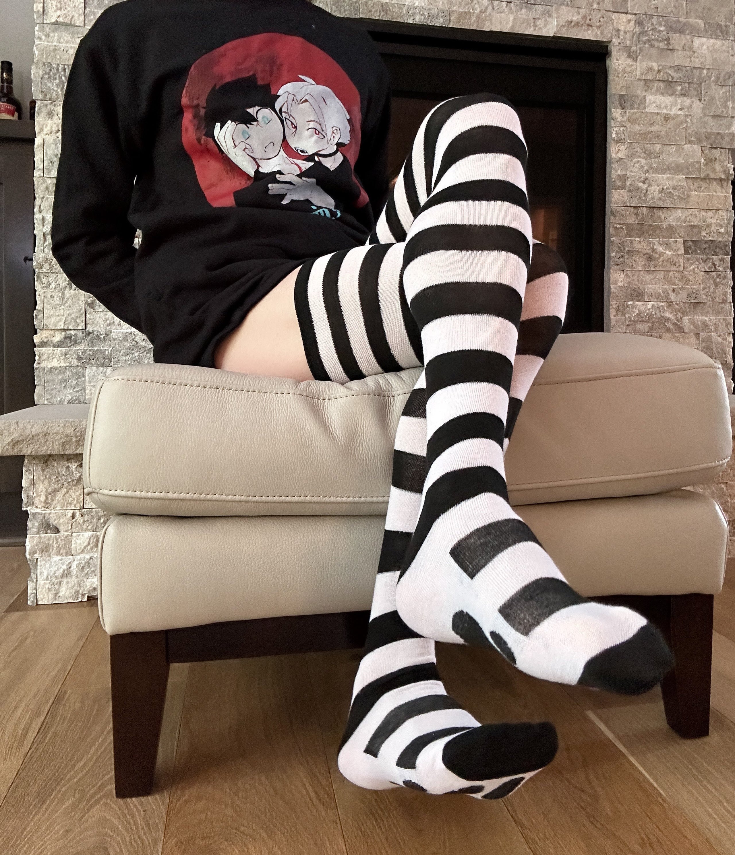Thigh high black and white striped socks on sale